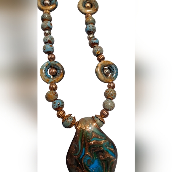 Aqua Green Glass Teardrop Shape With Calcilica Beads 20" Long - Picture 4 of 8